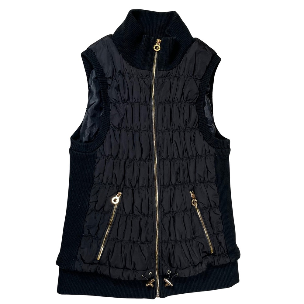 Calvin Klein Performance Puffer Vest Womens Large Black Ruched Gold Zip Quilted